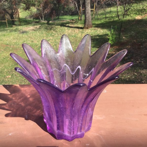 Vintage Other - Vintage Portugal Violet White Swirl Paneled Art Glass Flower Petal Vase Unique!